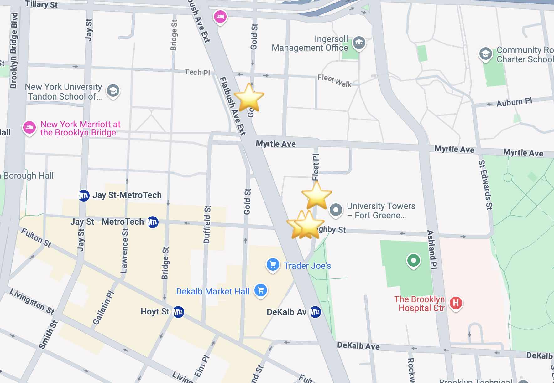 Screenshot of Google Maps with five buildings starred to show their locations. All are just east of Flatbush Ave at or around Willoughby St